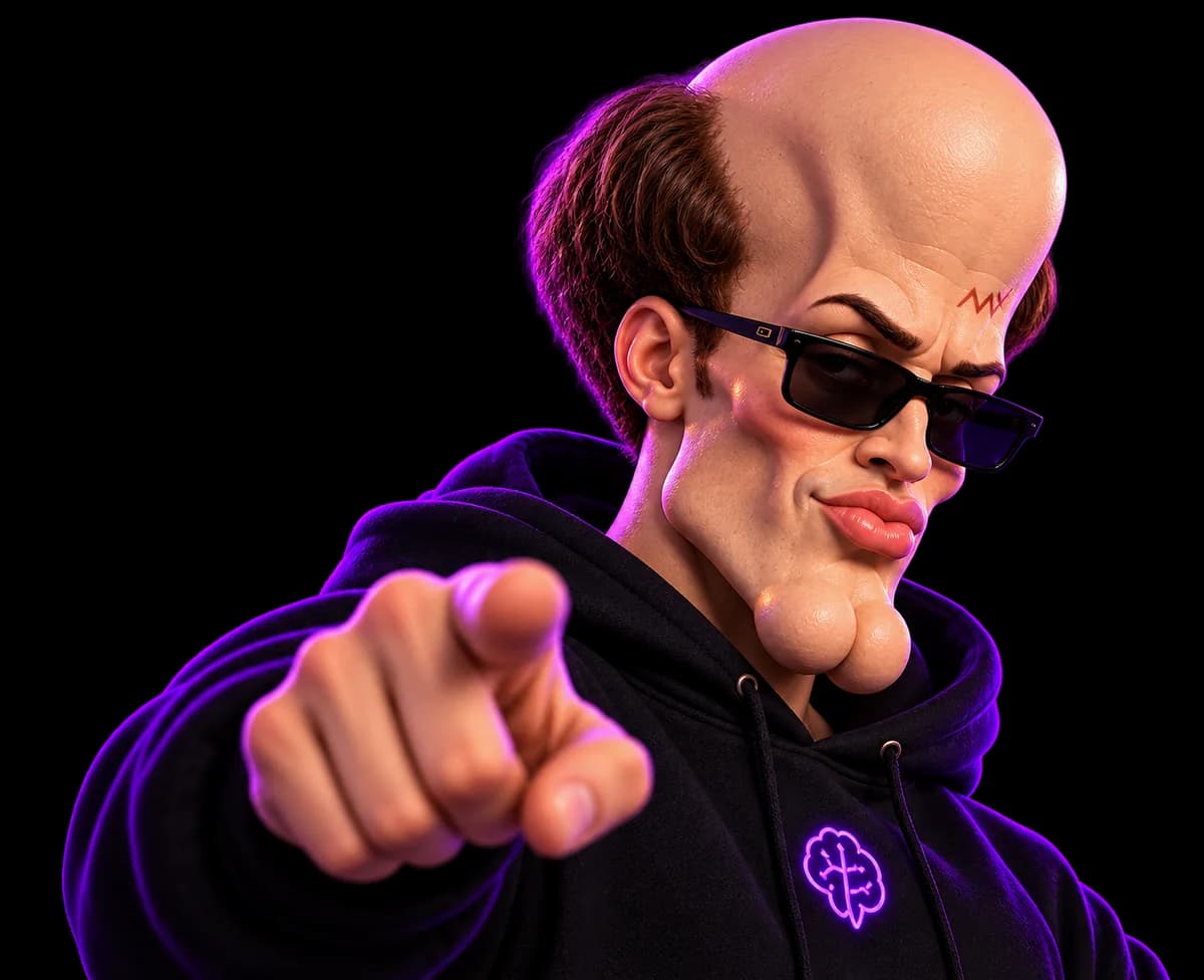 BigHead, the fictional trading mascot with an oversized forehead and black rectangular glasses.